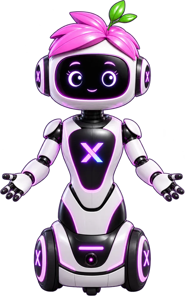 Sebzenur — beyaz ve koyu metalik gövdeli, pembe yaprak formunda saçlı, siyah ekran yüzünde dijital gözleri olan Restoreks AI robot asistanı