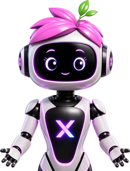 Sebzenur — beyaz ve koyu metalik gövdeli, pembe yaprak formunda saçlı, siyah ekran yüzünde dijital gözleri olan Restoreks AI robot asistanı